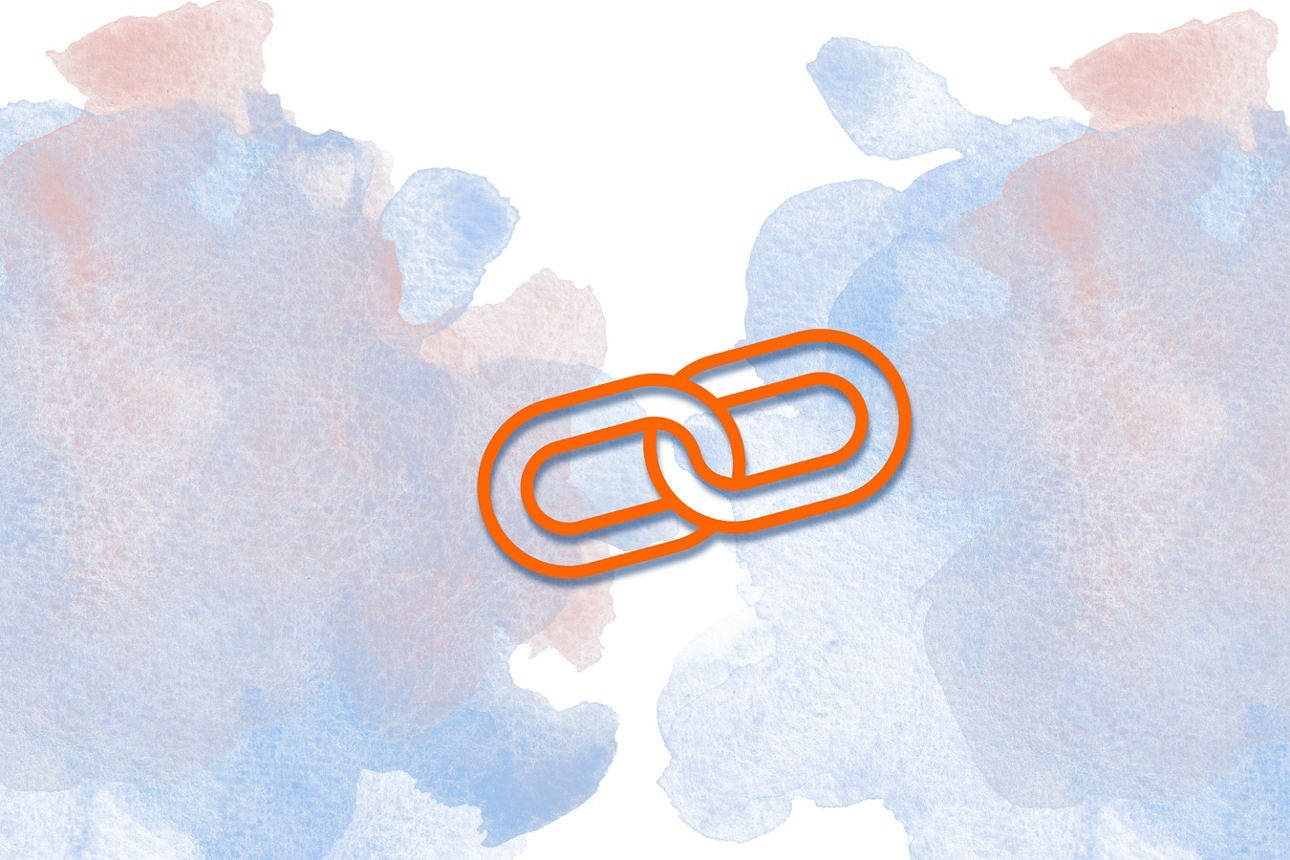 Ein oranges Kettenglied-Symbol ist zentriert auf einem weißen Hintergrund zu sehen, der an den Seiten von 