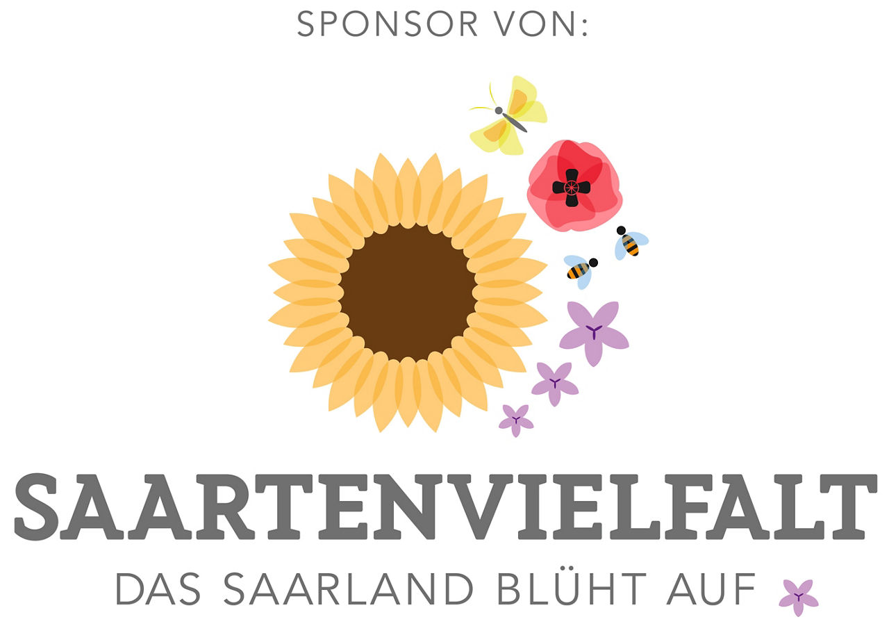 Logo Saartenvielfalt, das Saarland blüht auf, Sonnenblume mit Schmetterling und Bienen