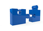 Two 3d humanoid character push a blue puzzle pieces