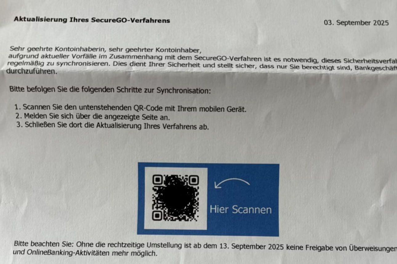 Beispiel eines gefälschten Briefes mit QR-Code