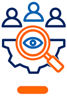 Grafik Zahnrad mit Lupe, außen Icon 3 Personen