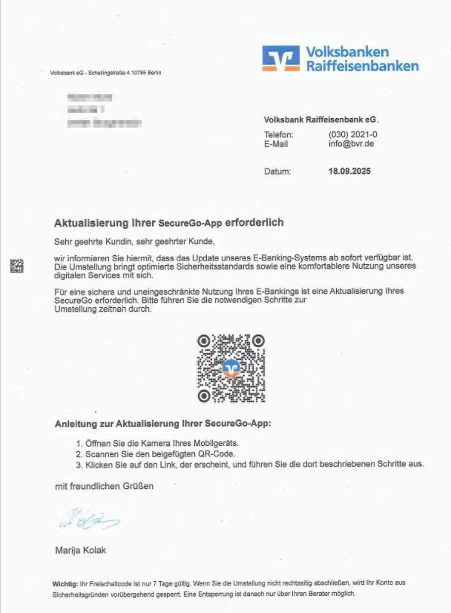 Ein Brief, der einen Betrugsversuch (Quishing) zeigt