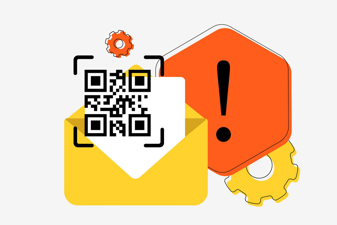 Digitalgrafik eines Briefes mit QR-Code und einem großen, roten Ausrufezeichen