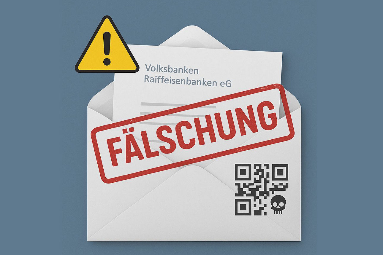 Geöffneter Brief mit QR-Code mit Stempel "Fälschung"