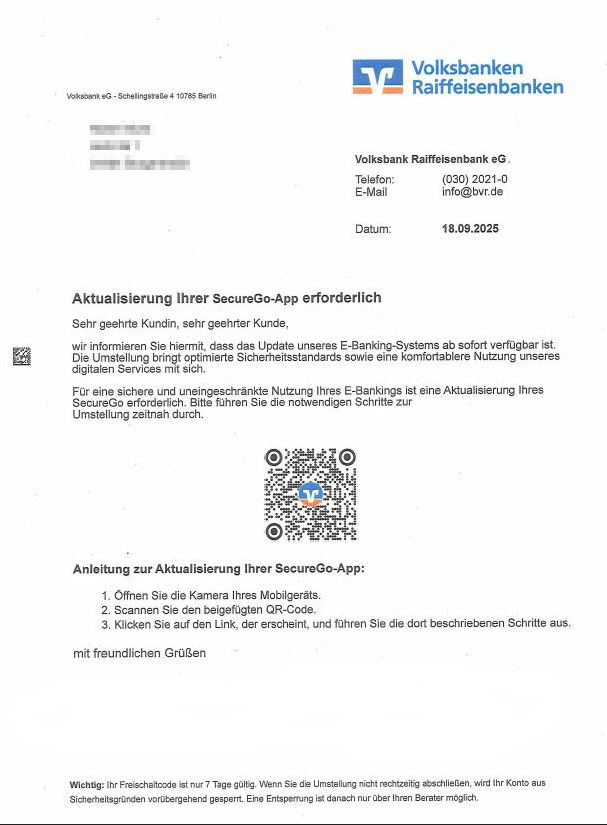 Muster eines Quishing-Briefes