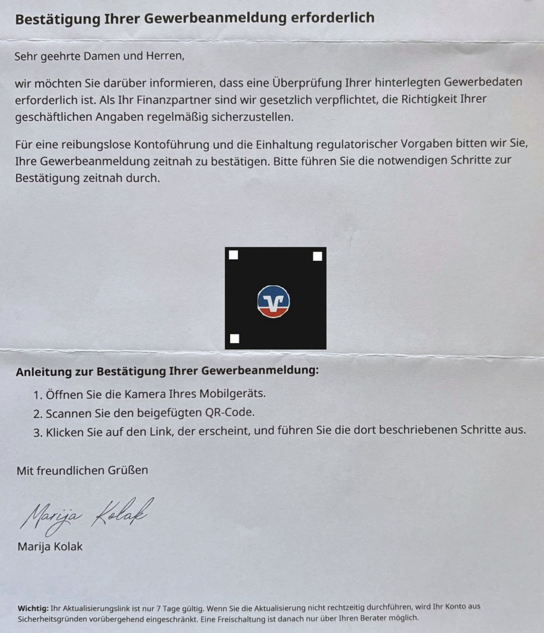Beispiel eines gefälschten Briefes
