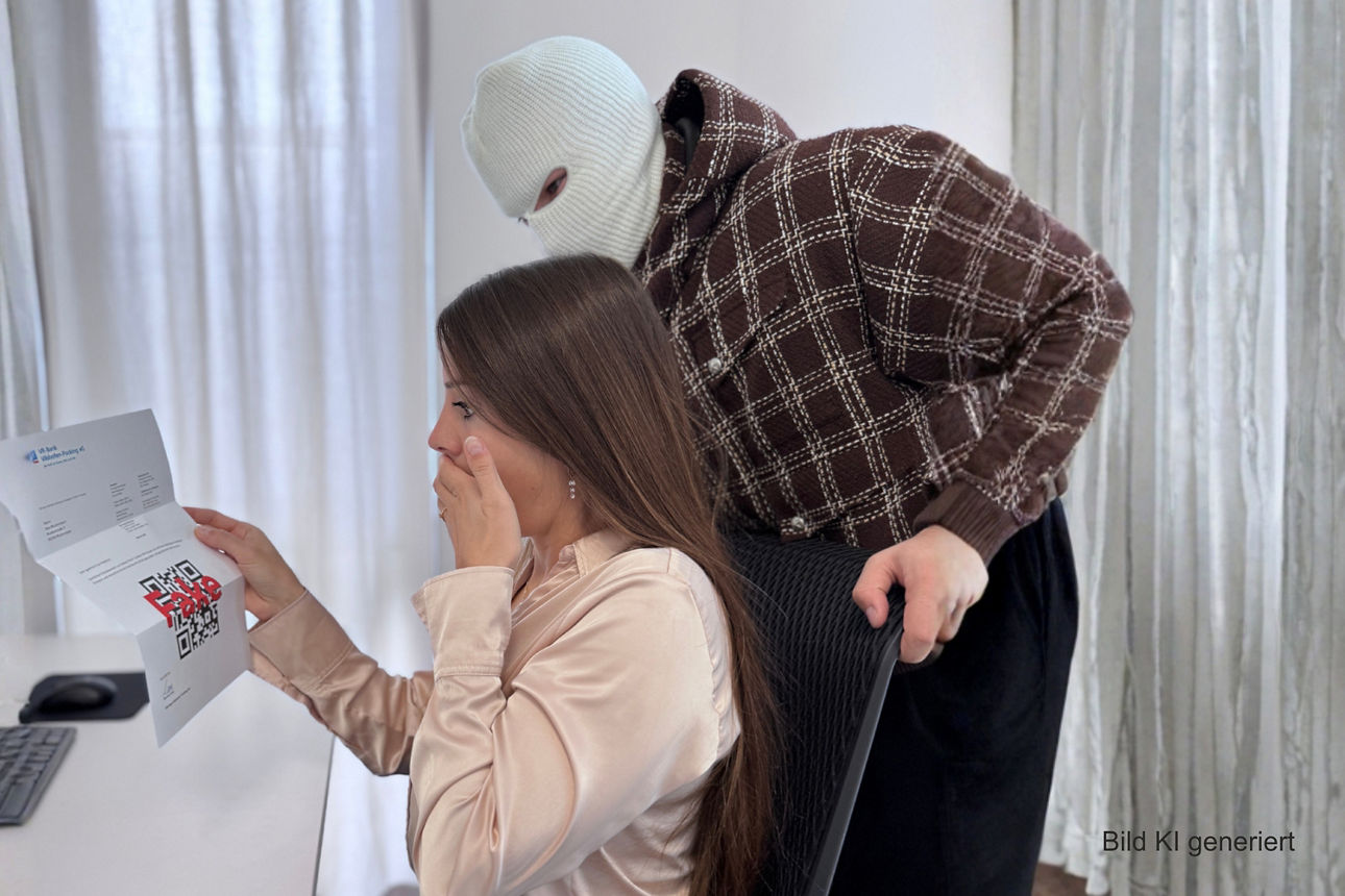 Erschrockene Frau hält Brief mit Aufschrift Fake, hinter ihr steht Person die Betrüger symbolisiert, im Hintergrund ein Büro sowie Bildhinweis „Bild KI generiert“