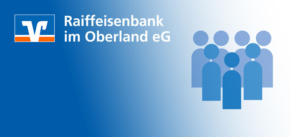 Ein blau-weißer Farbverlauf mit dem Logo der Raiffeisenbank im Oberland eG in der oberen linken Ecke und stilisierten blauen Personensymbolen auf der rechten Seite.