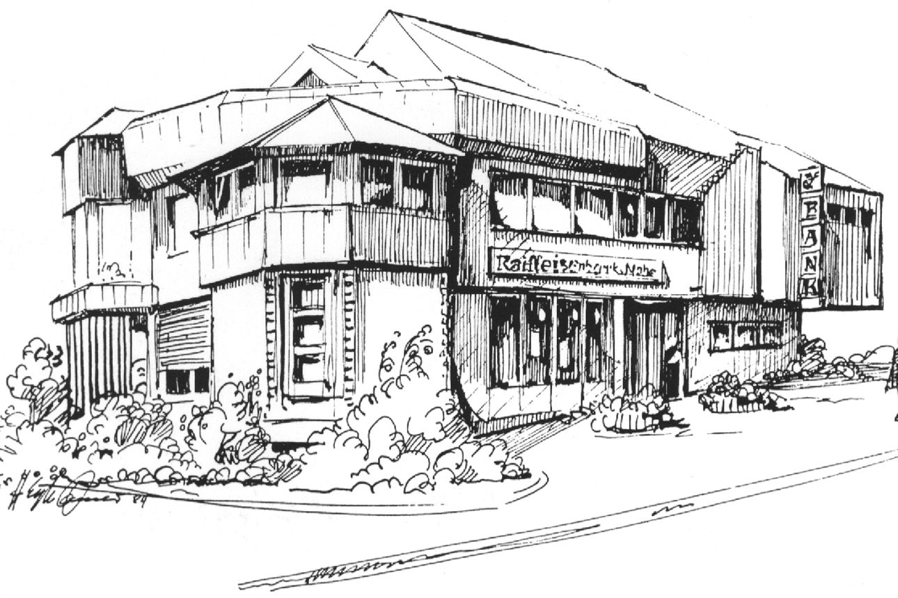 Zeichnung Bankgebäude in Fischbach