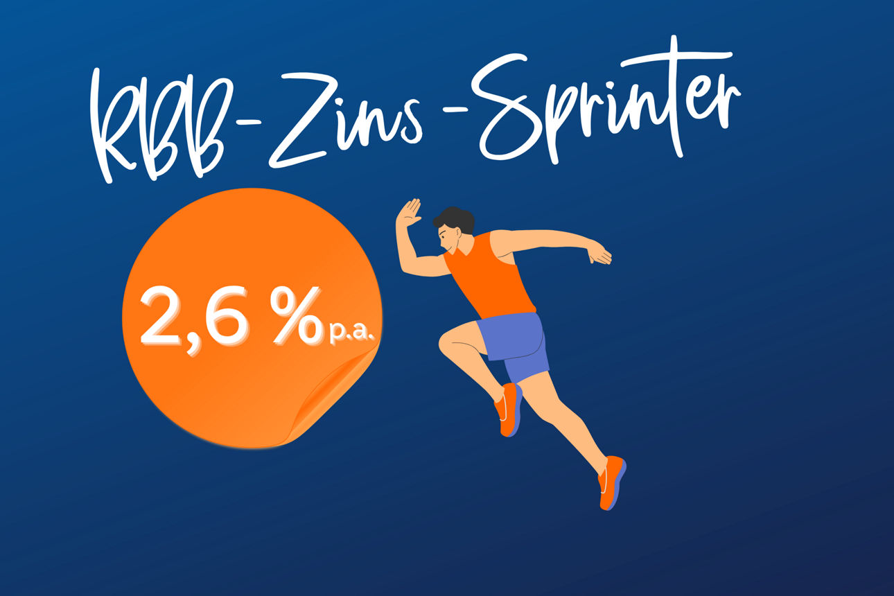 Grafik „kbb-Zins-Sprinter“ mit Läufer und 2,6 % p.a., Darstellung eines Zinsangebots