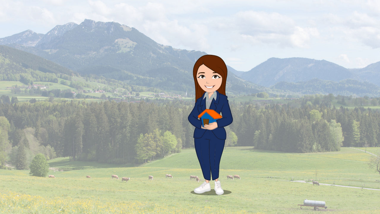 Eine Animationsfigur steht vor einem oberbayerischen Landschaftsbild