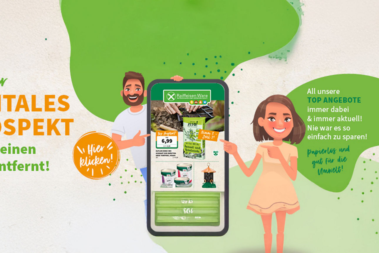 Ein Mann und eine Frau als Comicfigur deuten auf ein Handy mit Angeboten