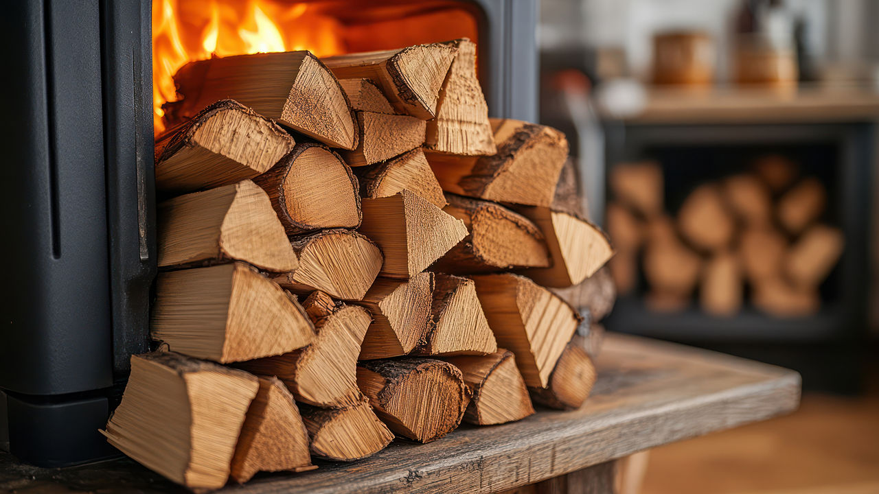 Holzstapel vor einem Ofen