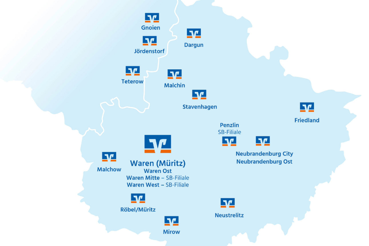 Geschaeftsgebiet der Raiffeisenbank Mecklenburger Seenplatte eG