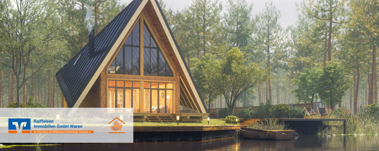 Haus im Wald mit Logo Raiffeisen Immobilien