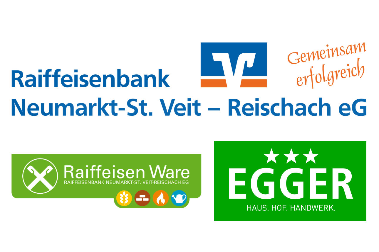 Die Logos der Raiffeisenbank Neumarkt-St. Veit - Reischach eG, deren Lagerhäuser und von EGGER in Eggenfelden.