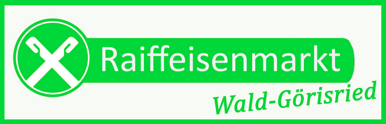 Logo Raiffeisenmarkt in Grün  mit Rand und Schriftzug Raiffeisenmarkt Wald-Görisried