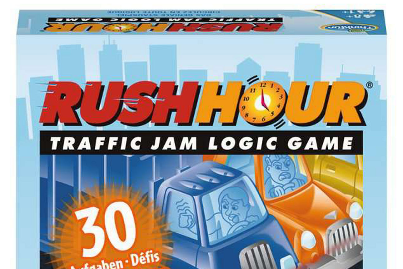 Spiel Rush Hour. Ein Rotes Auto fährt an gelben und blauen Autos vorbei.