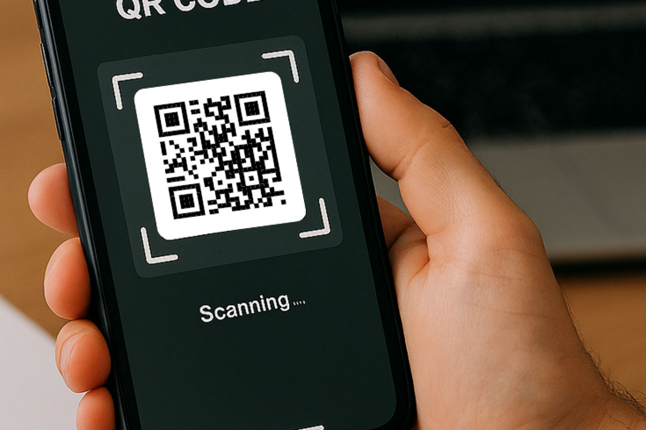 Sie sehen eine Hand. In der Hand sehen Sie ein Handy, das ein QR-Code scannt.