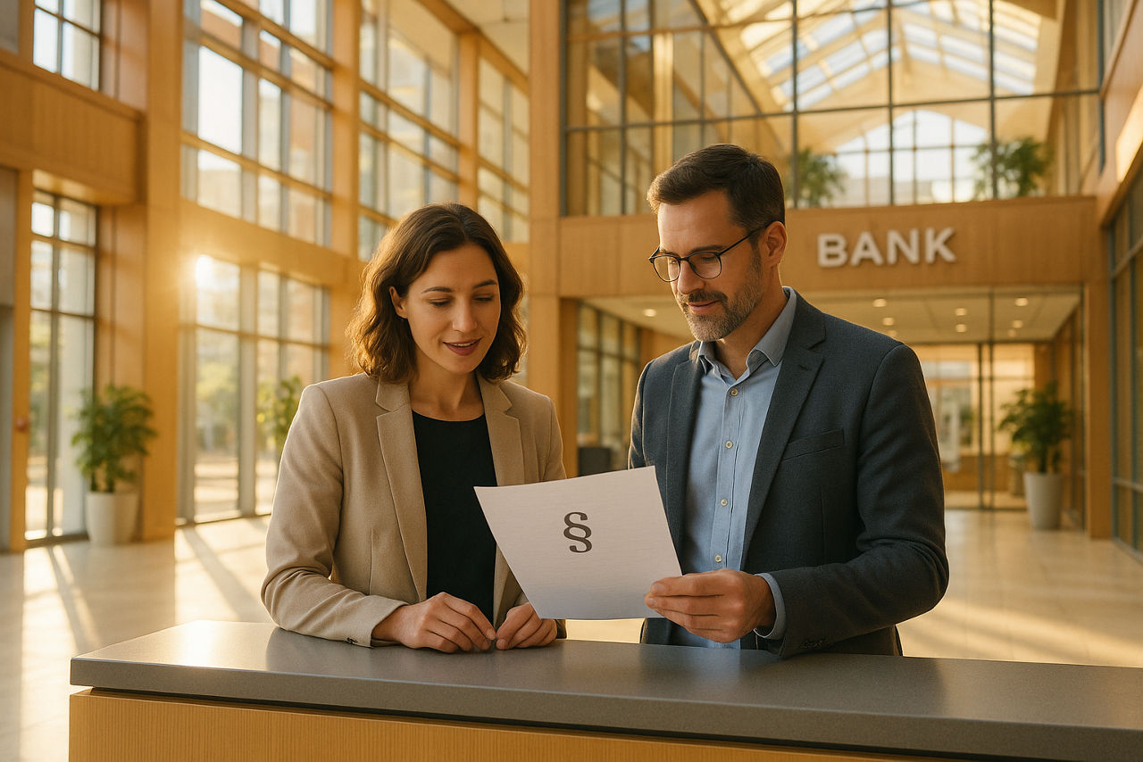 mann und frau an einem tresen in einer bank