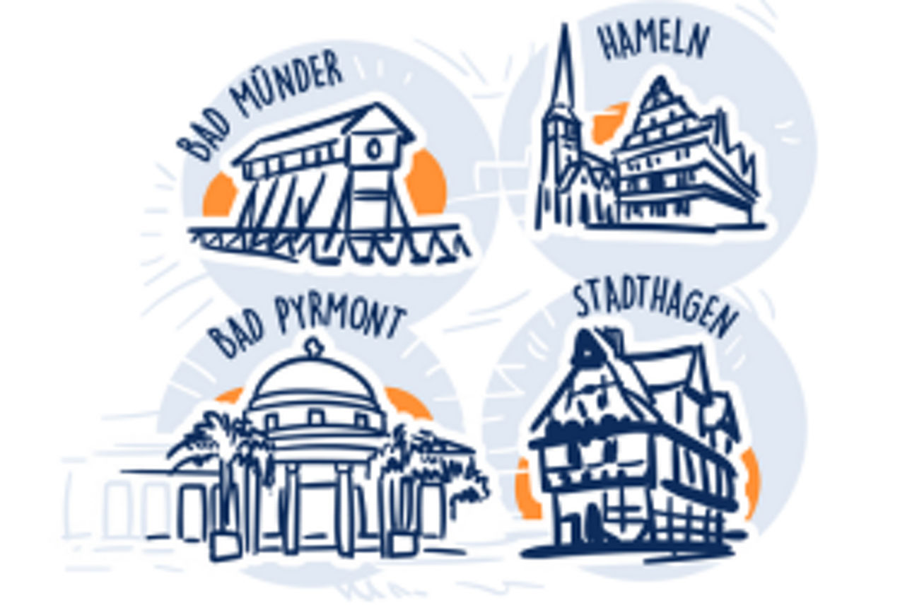 Eine Grafik zeigt vier stilisierte Stadtansichten mit Wahrzeichen der Orte Bad Münder, Hameln, Bad Pyrmont und Stadthagen.