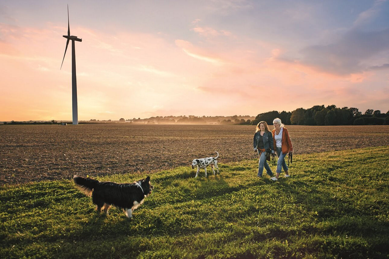 Zwei Frauen gehen mit ihren Hunden auf einem Feld spazieren.