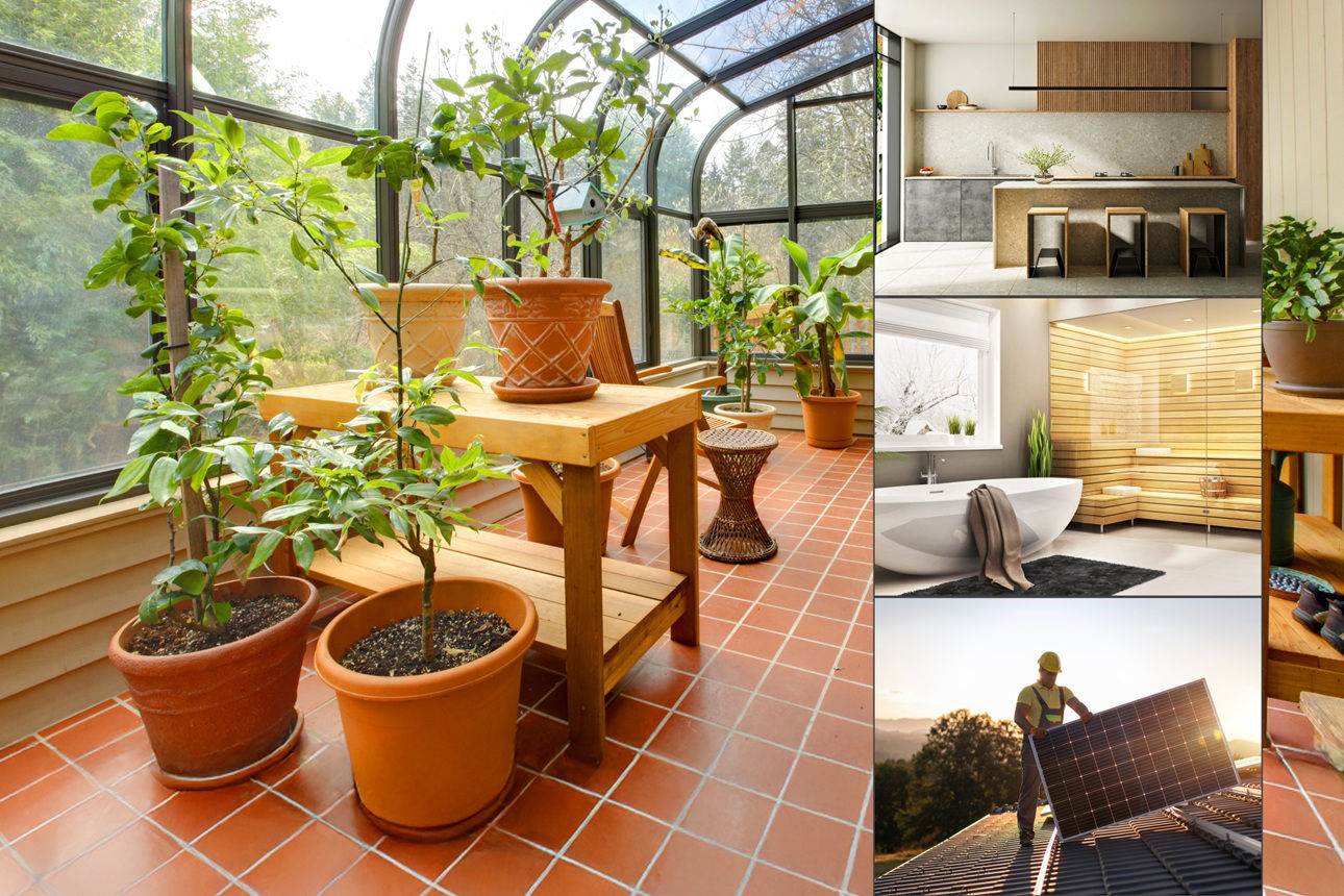 Wintergarten mit Pflanzen sowie drei Bilder daneben mit Wünschen