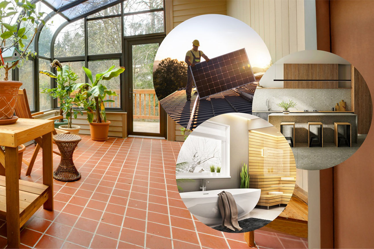 Wintergarten mit Pflanzen sowie drei Bilder daneben mit Wünschen