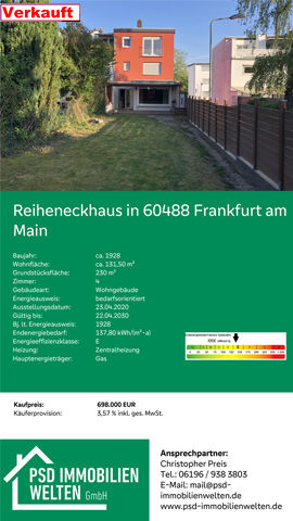 Bild von dem Reiheneckhaus Frankfurt am Main das bereits vermittlet wurde