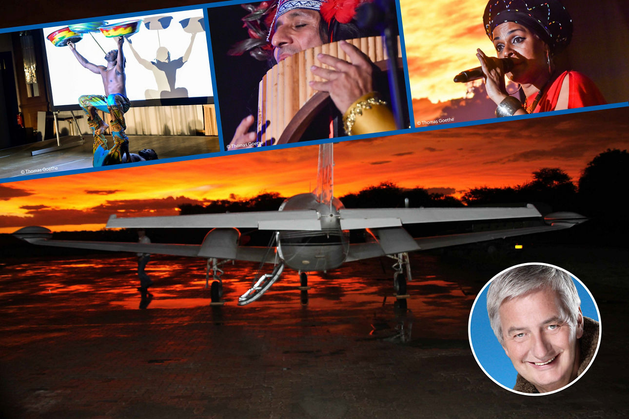 Collage mit Flugzeug bei Sonnenuntergang, Akrobaten, musizierenden Händen, Sängerin und Porträt von Reiner Meutsch