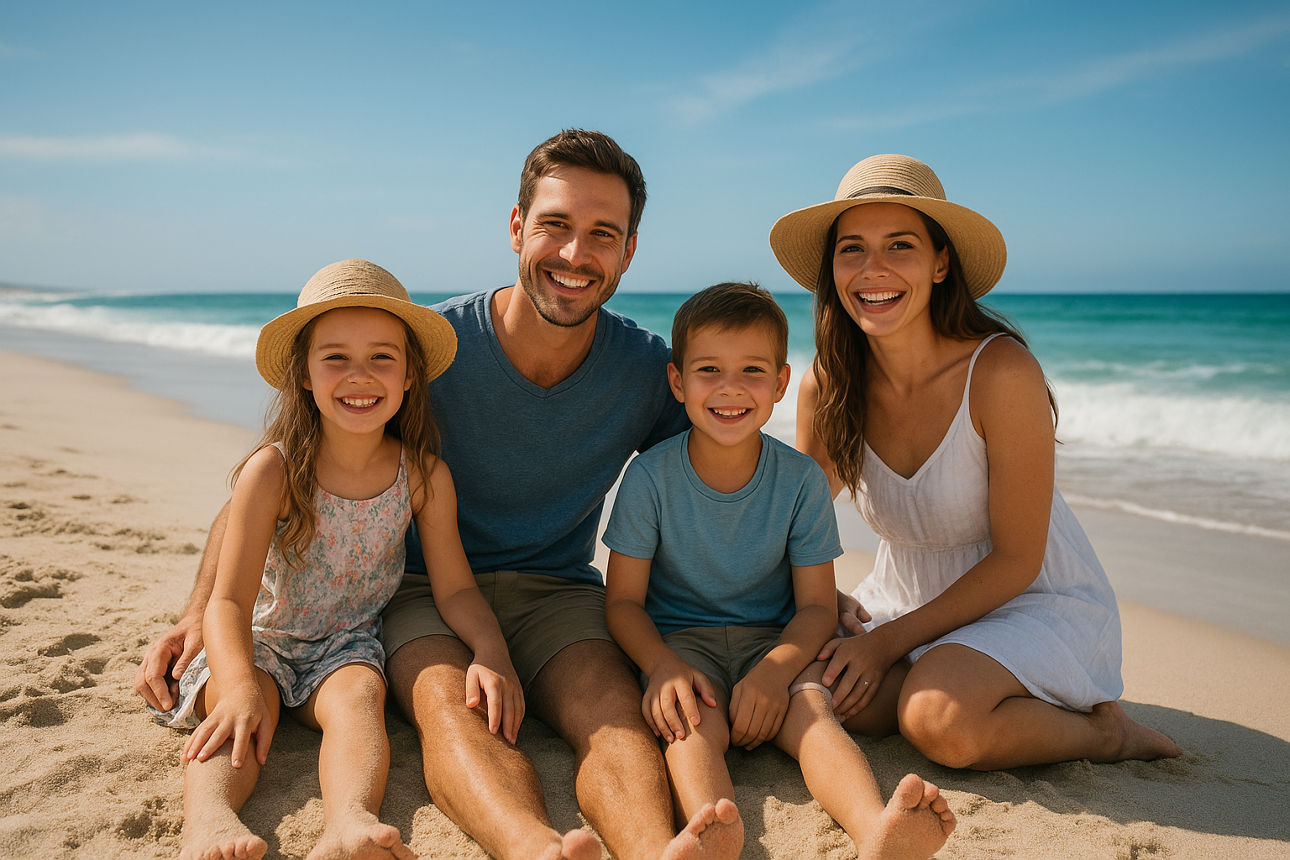 Eine Familie sitzt am Strand im Sand.