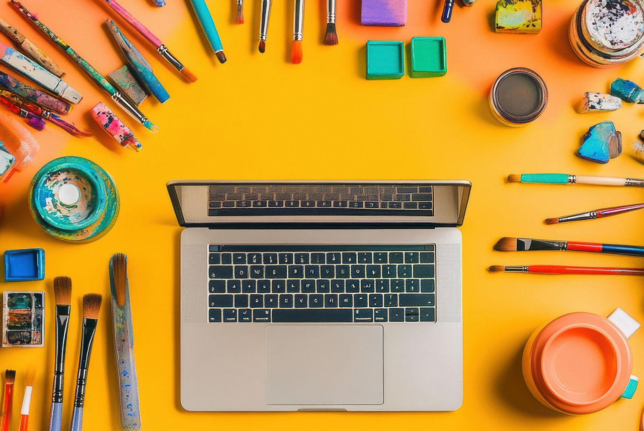 Ein lebendiger Arbeitsbereich bietet einen Laptop, umgeben von farbenfrohen Schreibwaren, Künstlerbedarf und Kreativwerkzeugen auf einem lebendigen Schreibtisch. Ki-generiert.