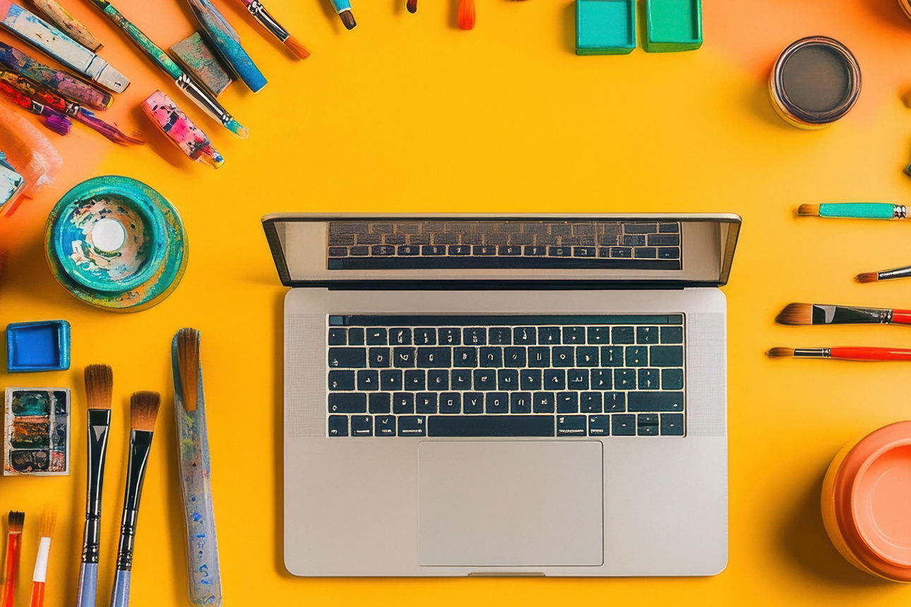 Ein lebendiger Arbeitsbereich bietet einen Laptop, umgeben von farbenfrohen Schreibwaren, Künstlerbedarf und Kreativwerkzeugen auf einem lebendigen Schreibtisch. Ki-generiert.