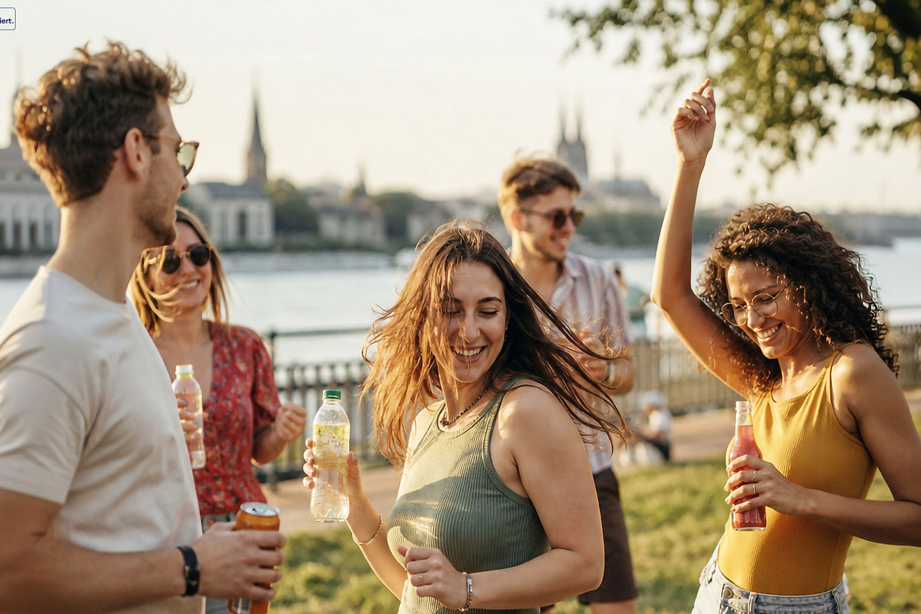 Feiernde junge Menschen an einem Flussufer