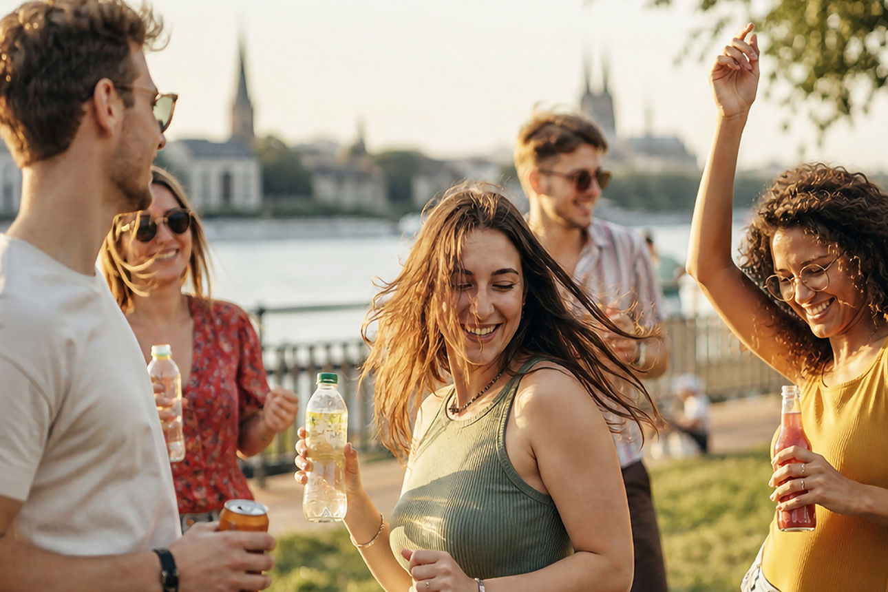 Feiernde junge Menschen an einem Flussufer