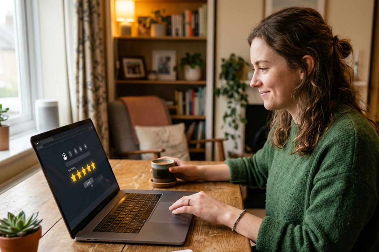 Frau vor einem Laptop, auf dessen Bildschirm fünf Sterne zu sehen sind.