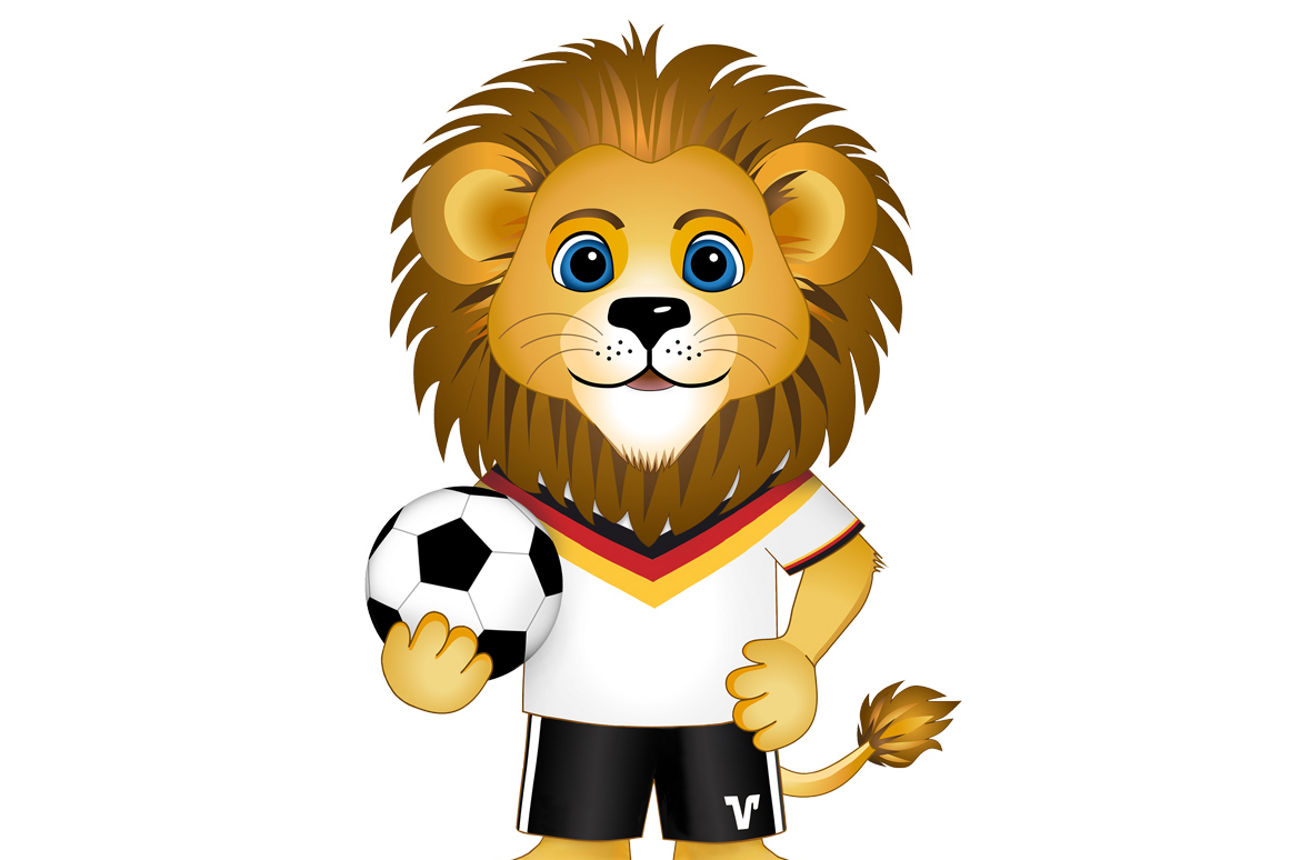 Rheino ist ein kleiner Löwe, der einen Fußball unter seinem Arm hält und den anderen Arm in seine Hüfte stemmt
