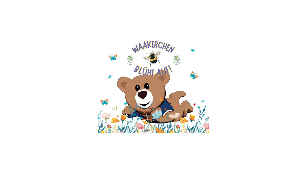 Maskottchen Beppo liegt auf einer Blumenwiese - Comiczeichnung für "Waakirchen blüht auf"