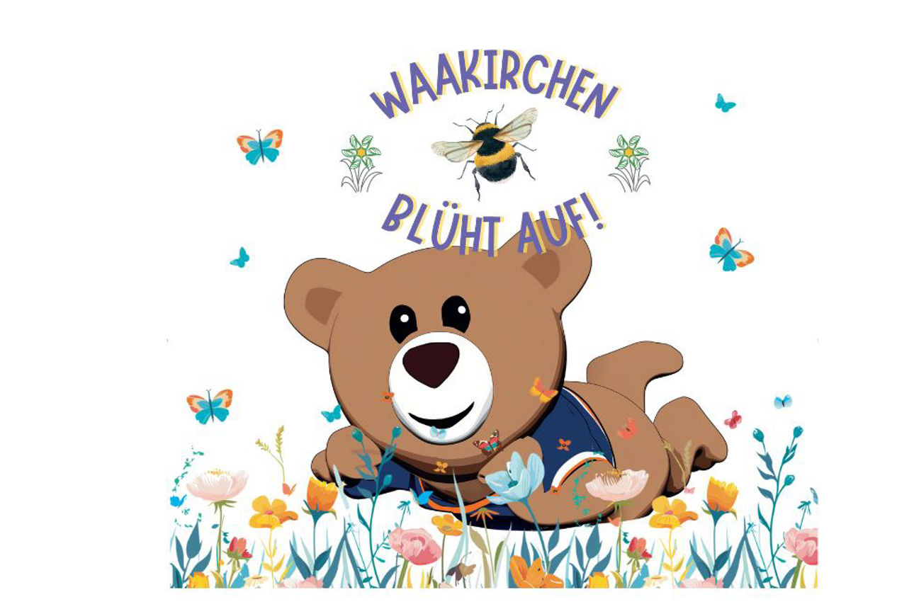 Maskottchen Beppo liegt auf einer Blumenwiese - Comiczeichnung für "Waakirchen blüht auf"