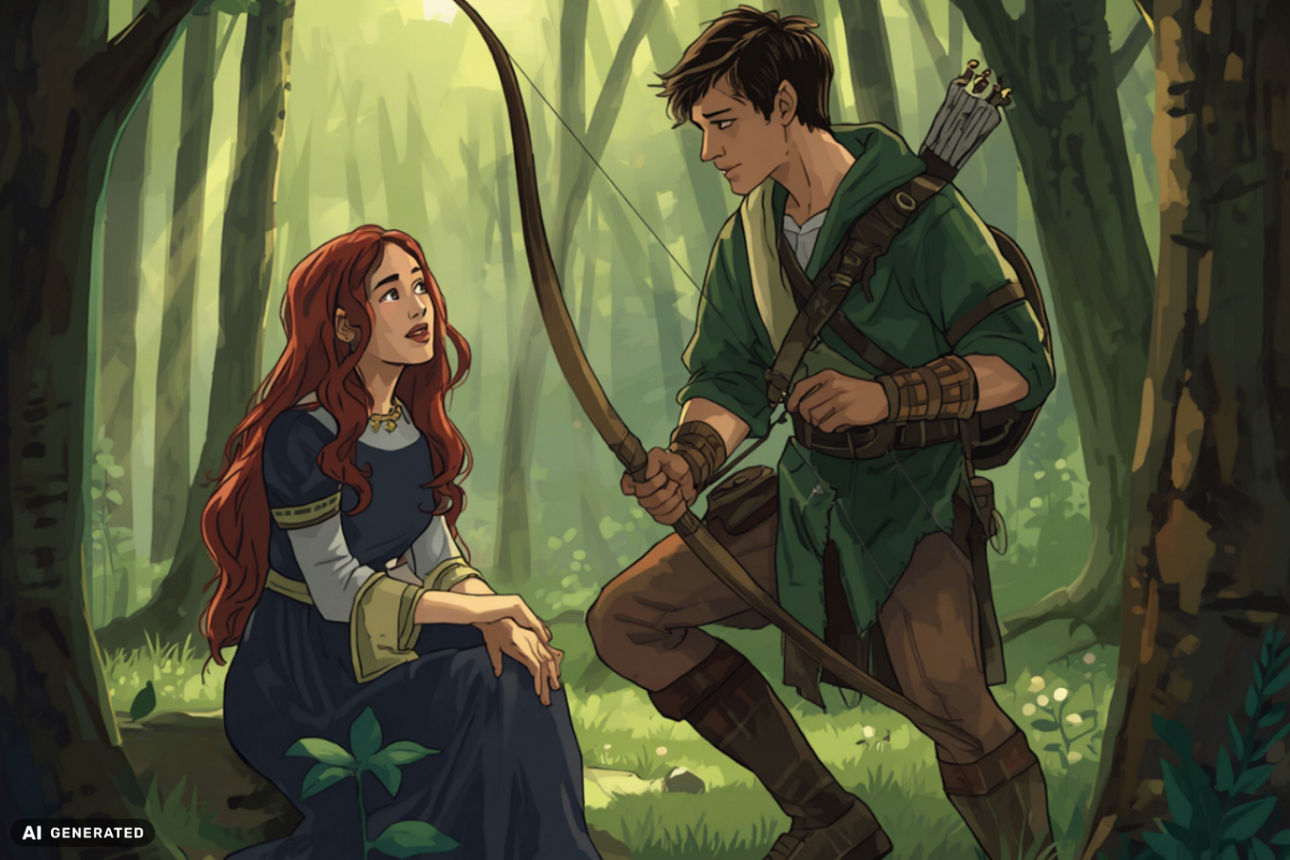 KI-Generiertes Bild von Robin Hood mit Pfeil und Bogen und einer Frau im Wald