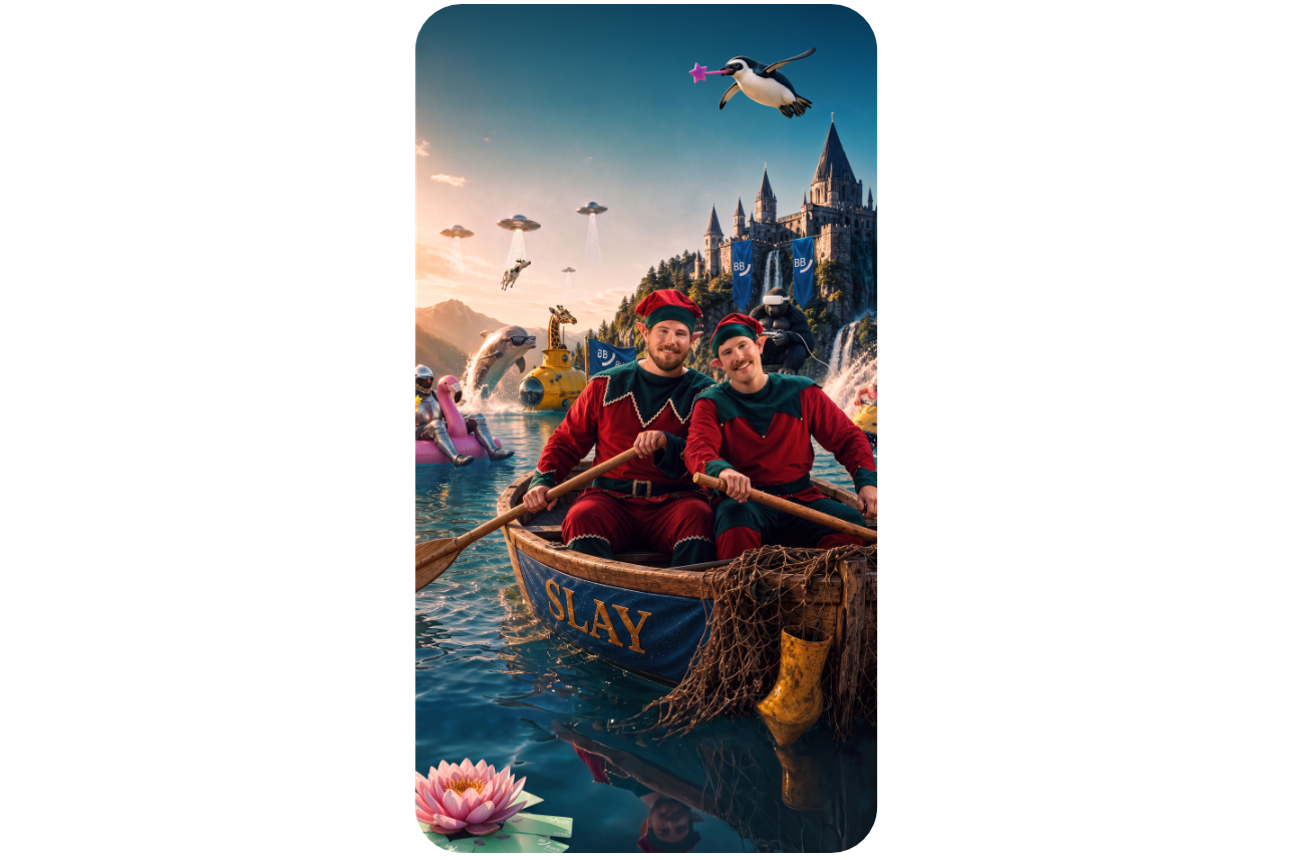 Zwei Männer sitzen in einem Bootauf dem Wasser. Im Hintergrund ist ein Schloss.