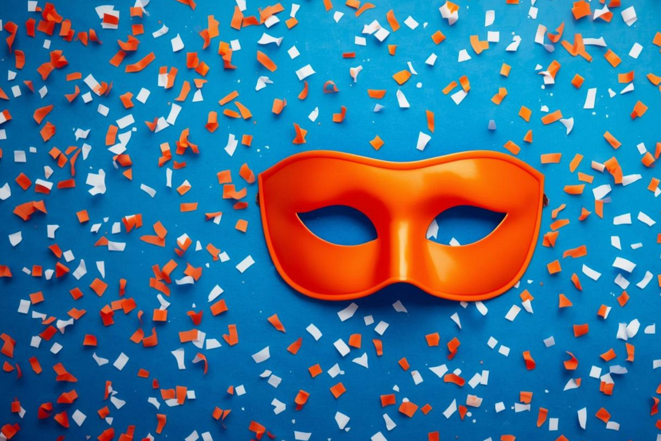 Eine Maske liegt auf buntem Konfetti