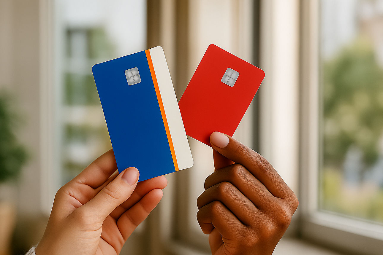 Wechseln zu Blau-Orange zahlt sich aus: zwei Hände ragen in die Luft mit jeweils einer Geldkarte in der Hand