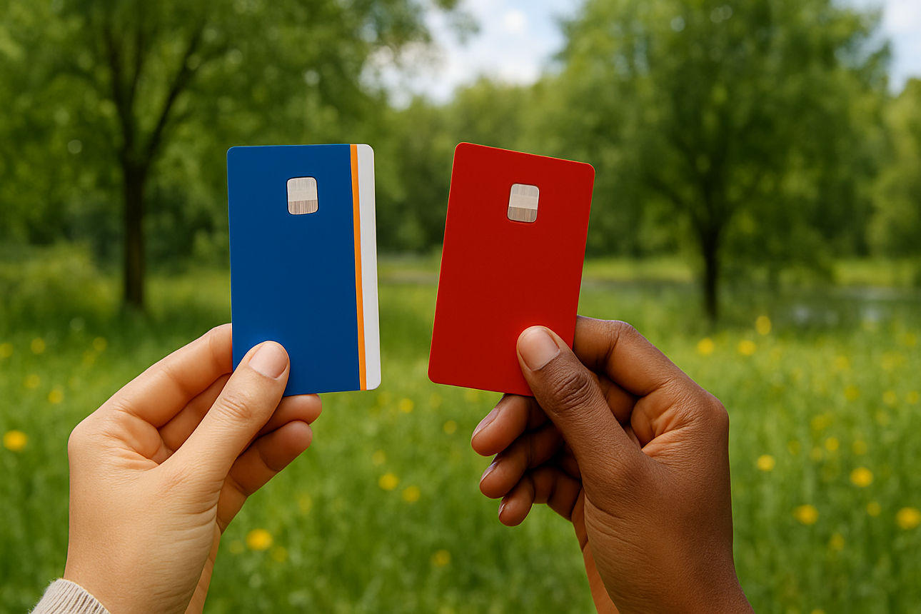 Rote Karte für niedrige Zinsen: 2 Hände vor einer grünen Wiese mit jeweils einer Karte in Blau und Orange in der Hand