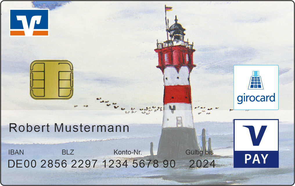 Bildkarte mit dem Motiv eines Weiß-roten Leuchtturms als Zeichnung