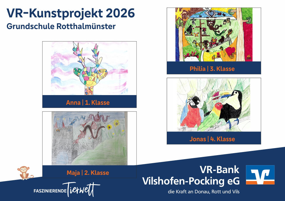 Die vier Gewinnerbilder VR-Kunstprojekt 2026, Grundschule Rotthalmünster: Fantasie-Hirsch, Dschungel-Szene, Drachen, Papagaien. 