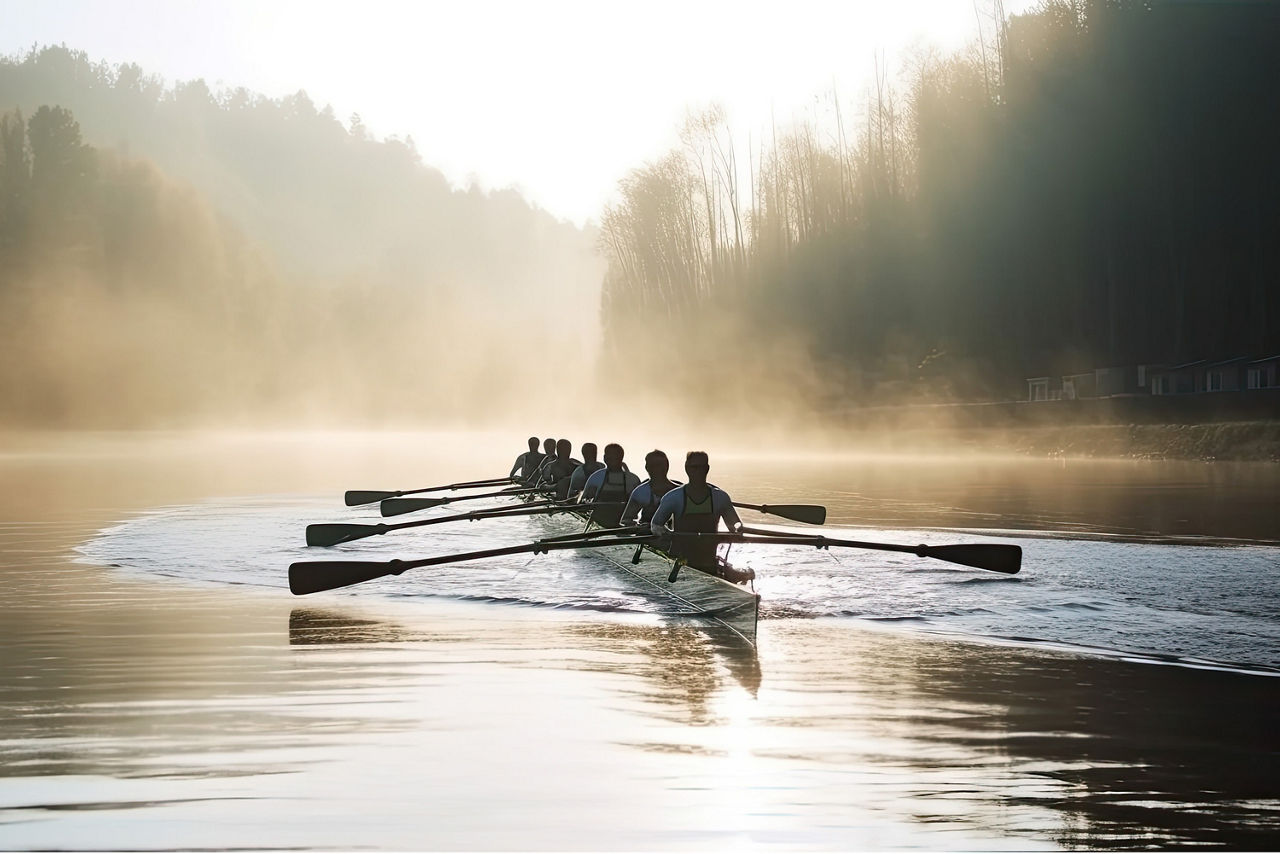 Mehrere Personen rudern auf einem See