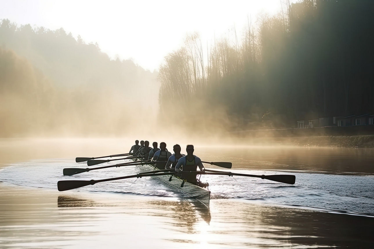 Mehrere Personen rudern auf einem See