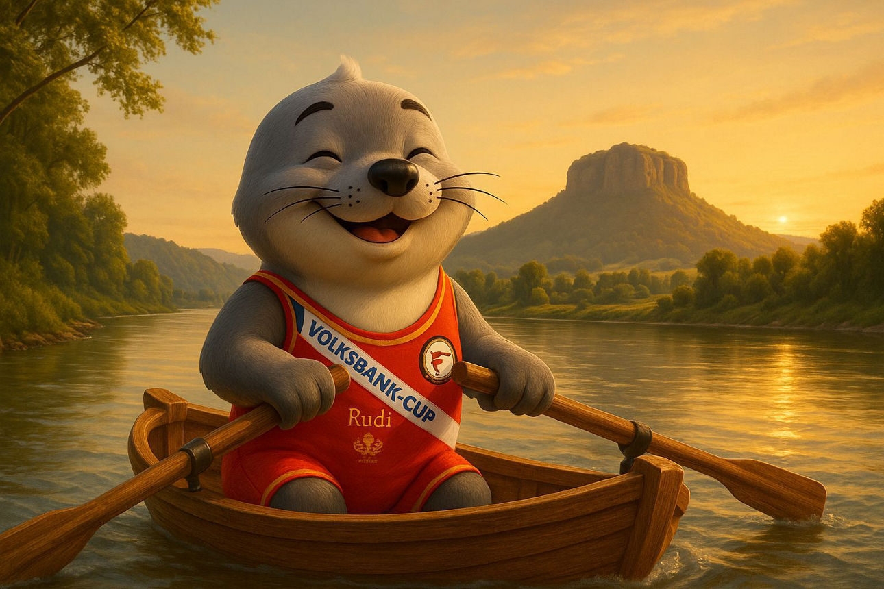 Maskotten Rudi im Ruderboot