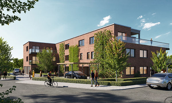 Ein Rendering eines Gebäudes mit einem davor geparkten Auto, das moderne Architektur und Landschaftsgestaltung zeigt.